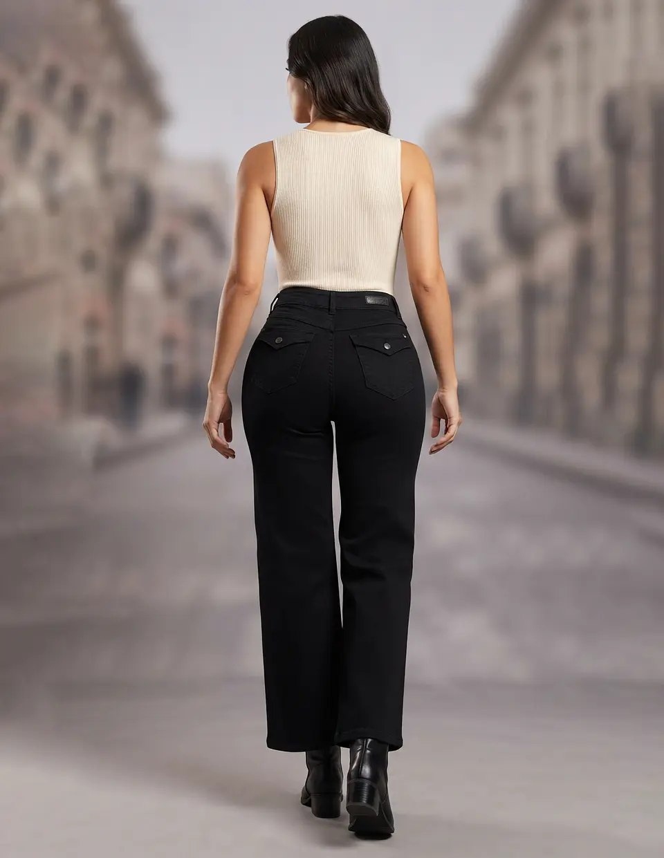 Jeans Palazo Elasticado Tiro Alto Negro Solido 2