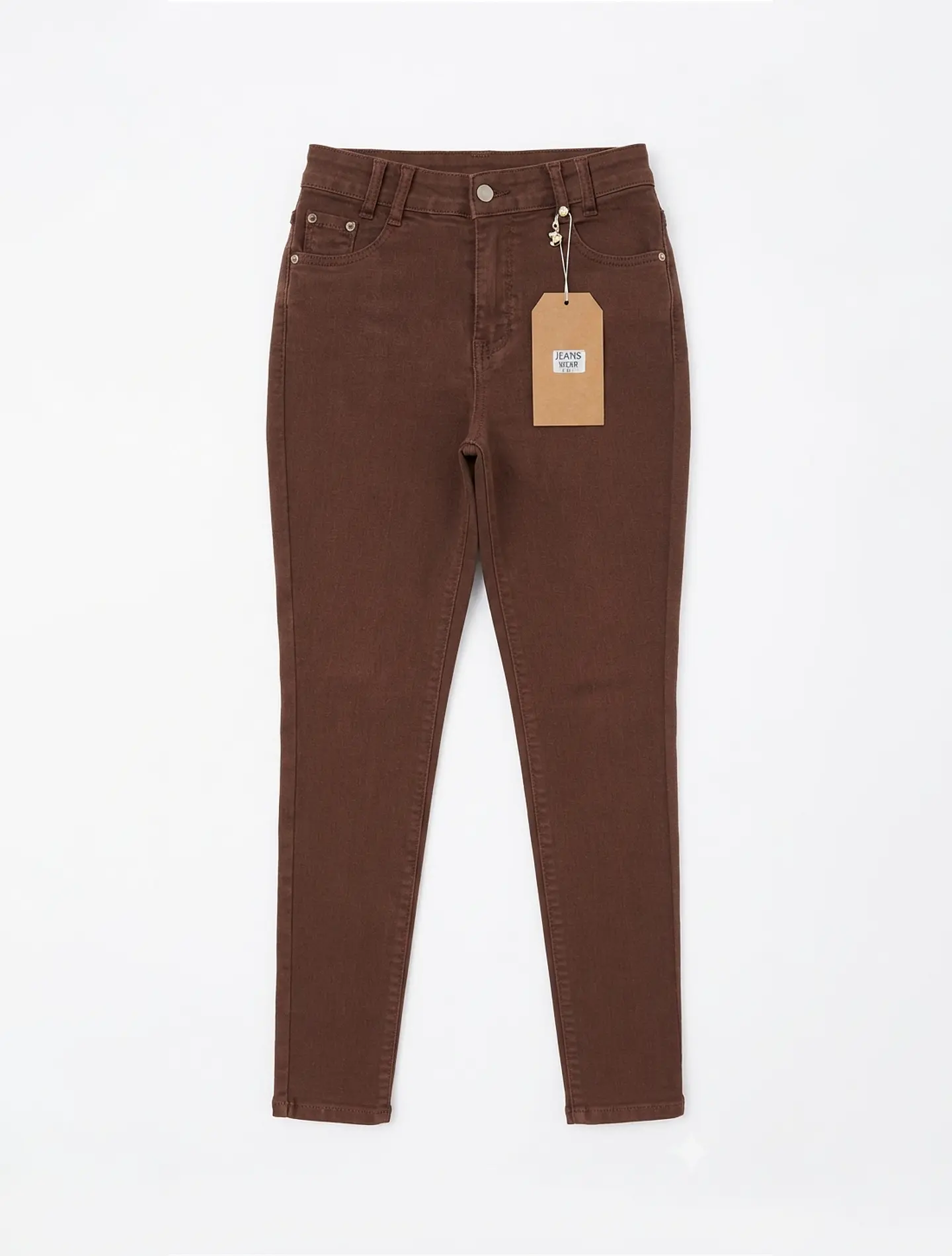 Jeans Pitillo Bolsillo Cartera TIro Alto Elasticado Chocolate 3