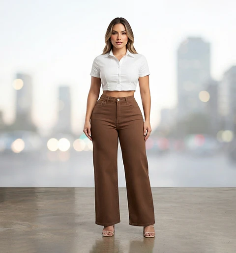 Jeans Wide Leg TIro Alto Elasticado Cafe