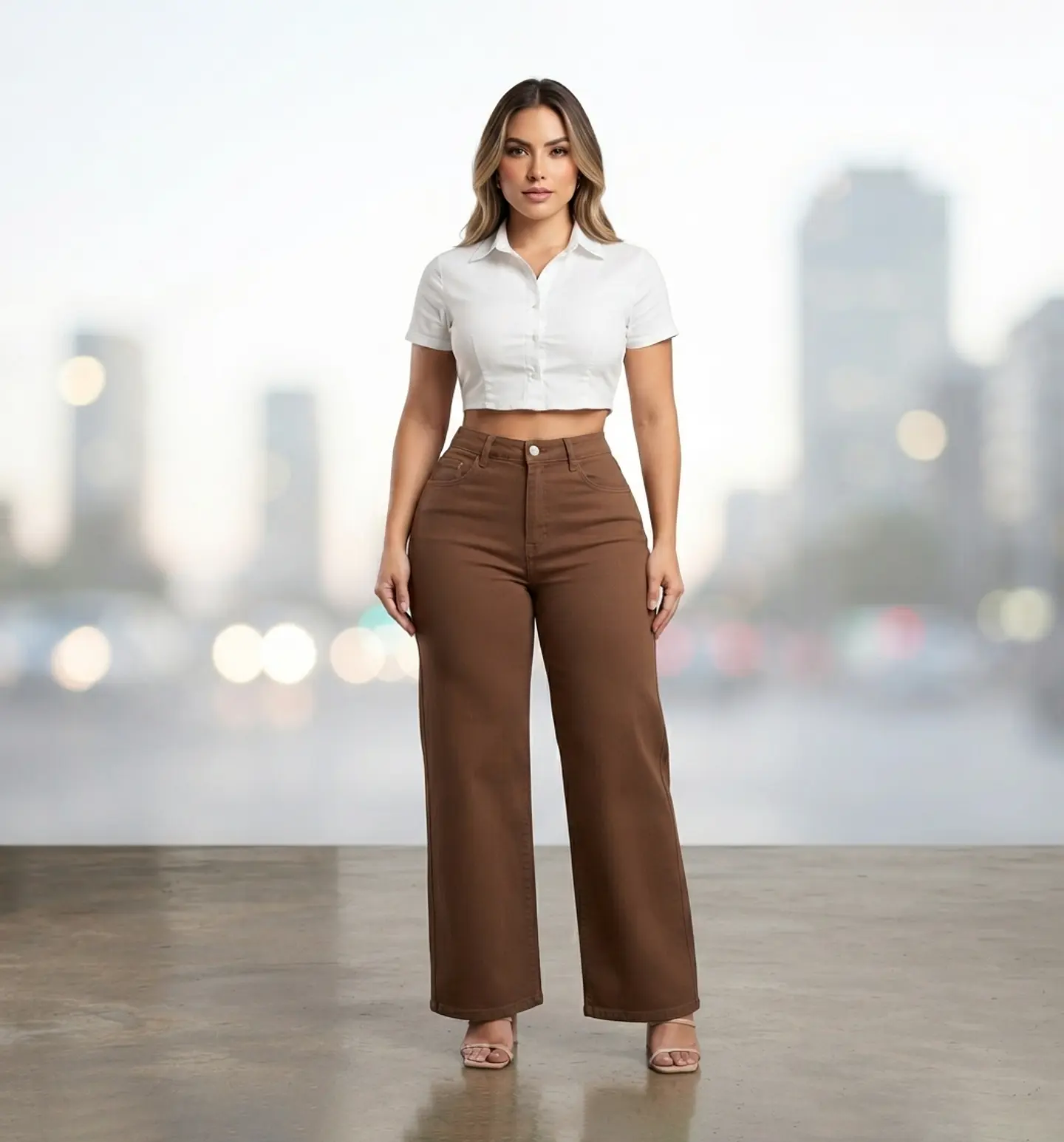 Jeans Wide Leg TIro Alto Elasticado Cafe 1