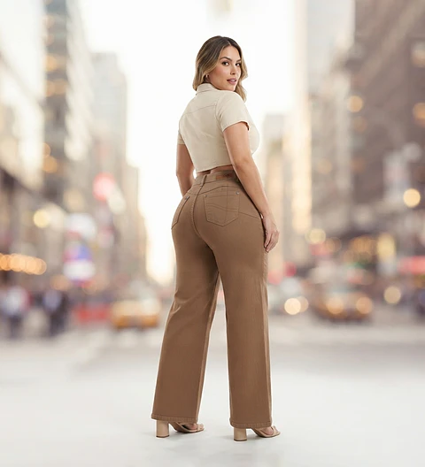 Jeans Wide Leg TIro Alto Elasticado Cafe
