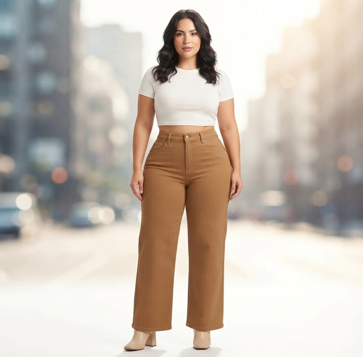 Jeans Wide Leg Con Push-Up TIro Alto Elasticado Cafe Claro 1