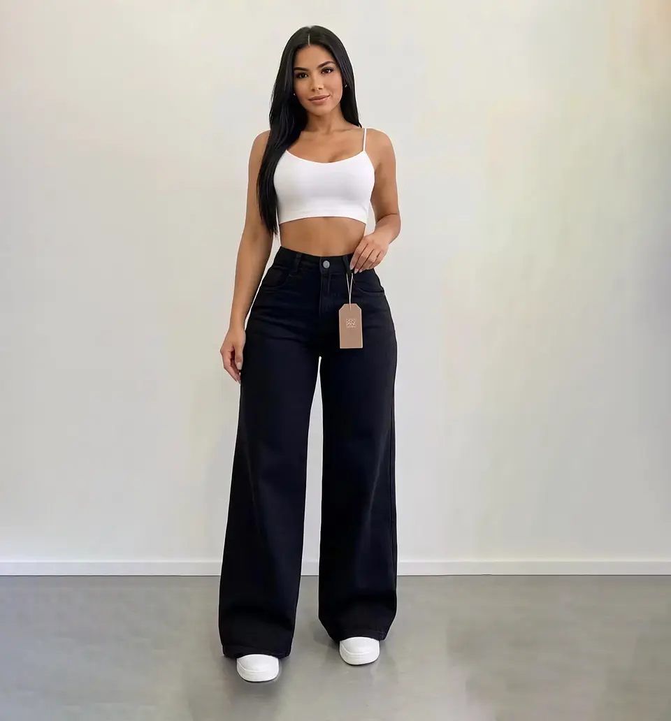 Jeans Palazo Wide Leg Mujer Tiro Alto Negro Solido 1