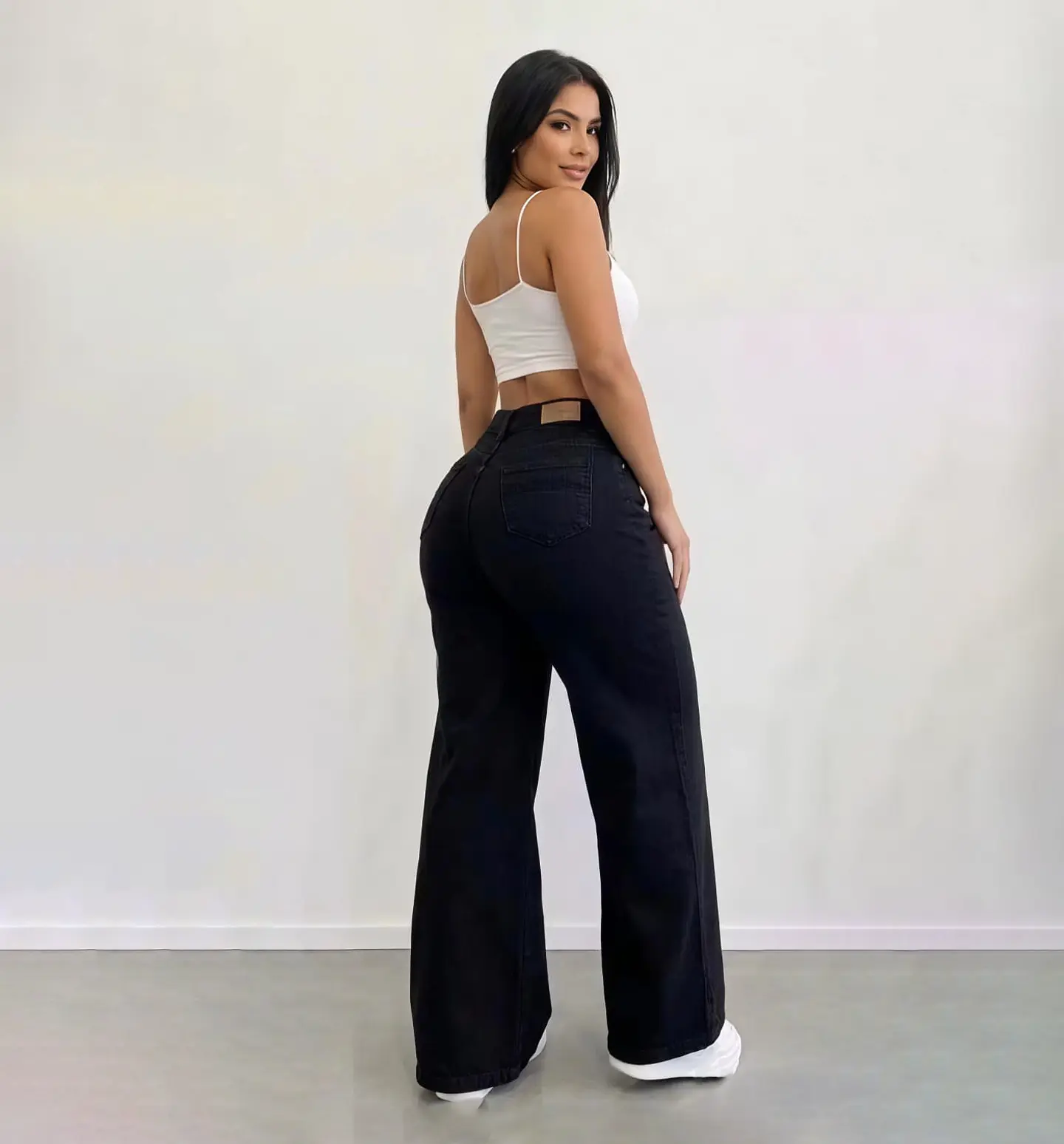 Jeans Palazo Wide Leg Mujer Tiro Alto Negro Solido 3