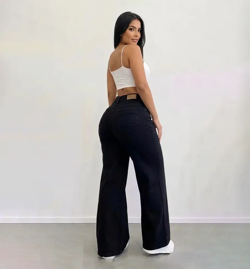 Jeans Palazo Wide Leg Mujer Tiro Alto Negro Solido 3