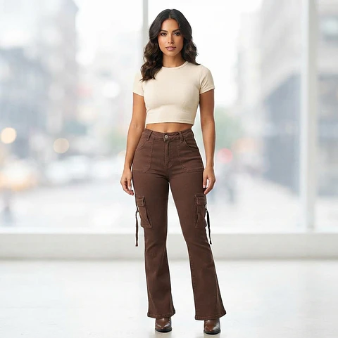 Jeans Flare Cargo Acampanado Elasticado 