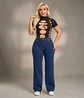 Jeans Wide Leg Tiro Alto Elasticado Azul Marino - Miniatura 1
