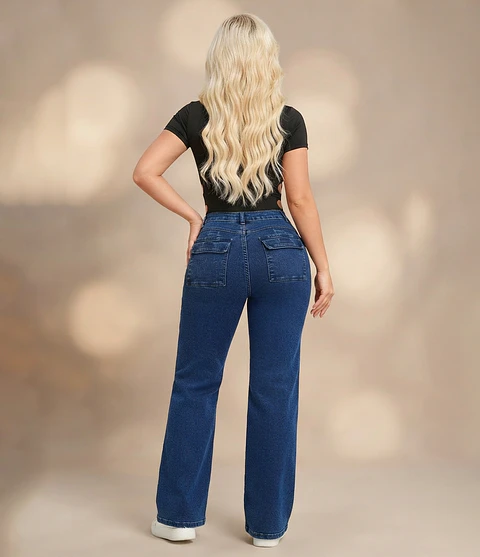 Jeans Wide Leg Tiro Alto Elasticado Azul Marino