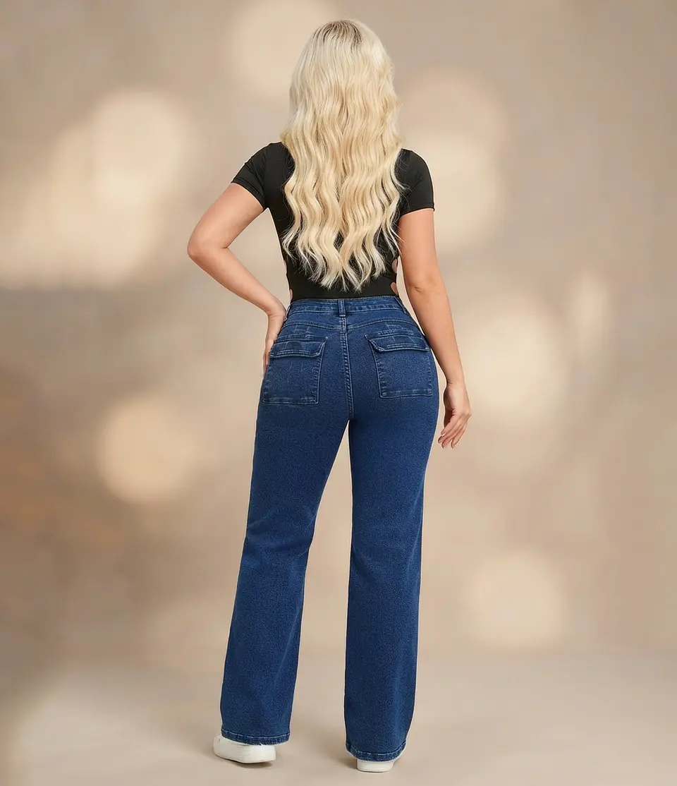 Jeans Wide Leg Tiro Alto Elasticado Azul Marino 2