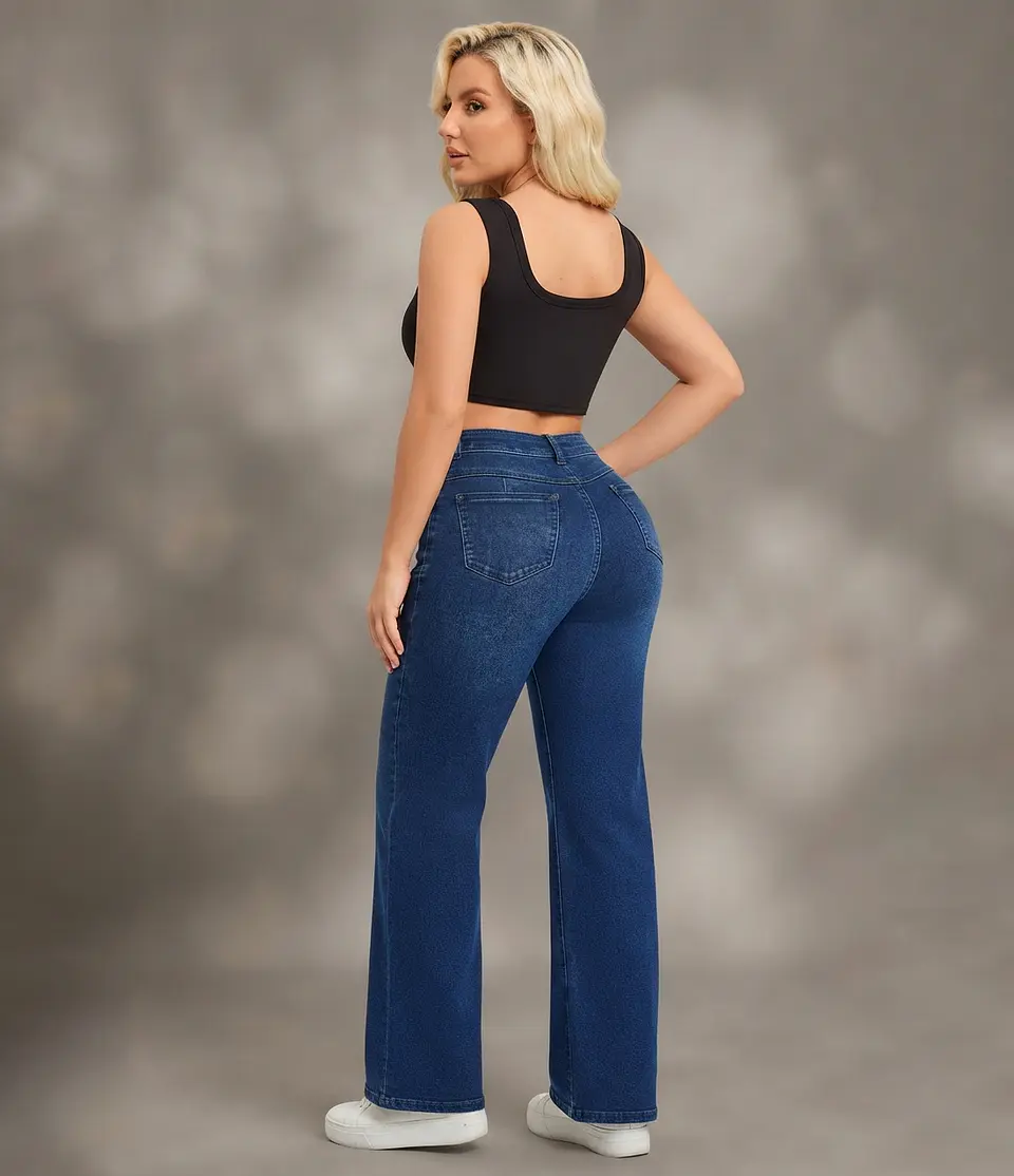 Jeans Wide Leg Tiro Alto Elasticado Azul Marino Clasico 1