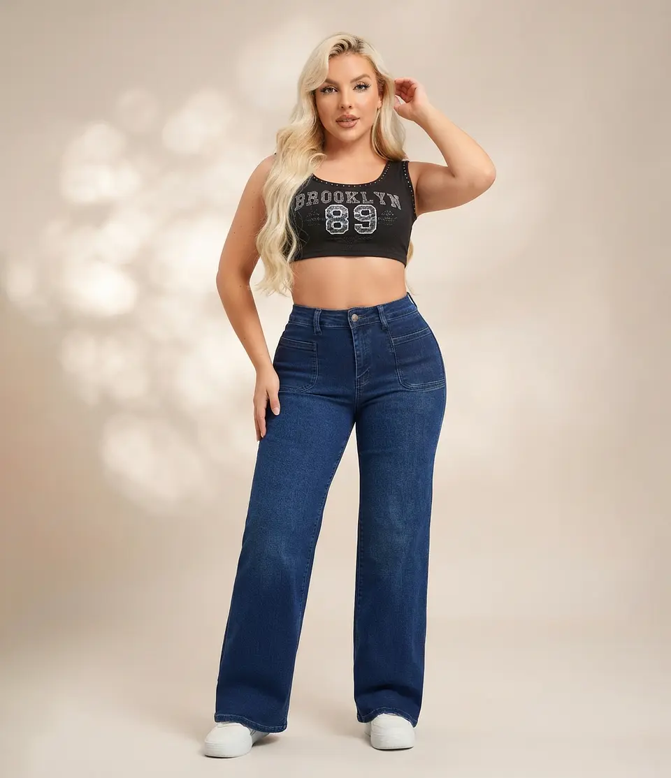 Jeans Wide Leg Tiro Alto Elasticado Azul Marino Clasico 2