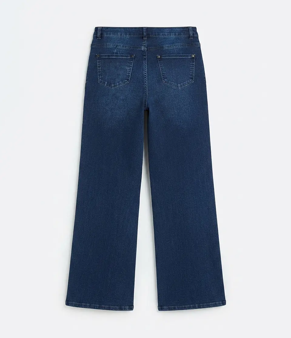 Jeans Wide Leg Tiro Alto Elasticado Azul Marino Clasico 3