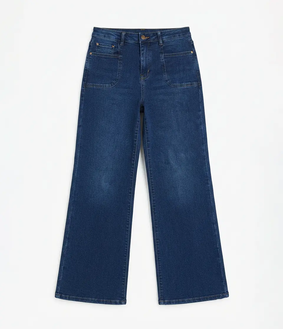 Jeans Wide Leg Tiro Alto Elasticado Azul Marino Clasico 4