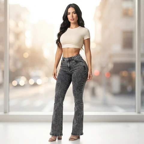 Flare Acampanado Grafito Acid Wash Elasticado con Push-Up