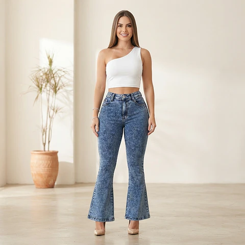 Flare Acampanado Azul Marino Acid Wash Elasticado con Push-Up
