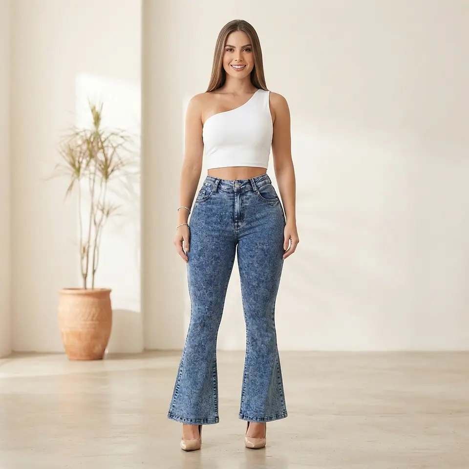Flare Acampanado Azul Marino Acid Wash Elasticado con Push-Up 1