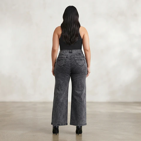 Wide Leg Elasticado Tiro Alto Gris Gráfito Acid Wash Push-Up