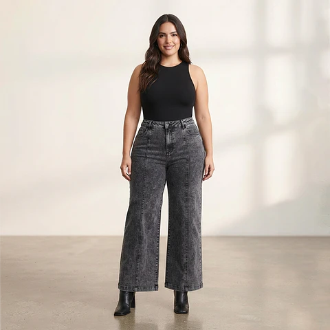Wide Leg Elasticado Tiro Alto Gris Gráfito Acid Wash Push-Up