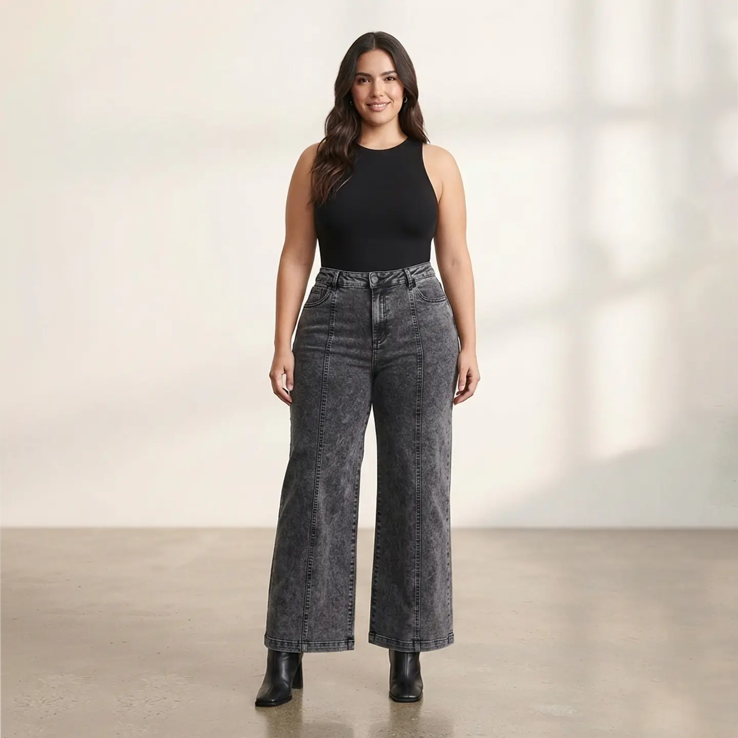 Wide Leg Elasticado Tiro Alto Gris Gráfito Acid Wash Push-Up 1
