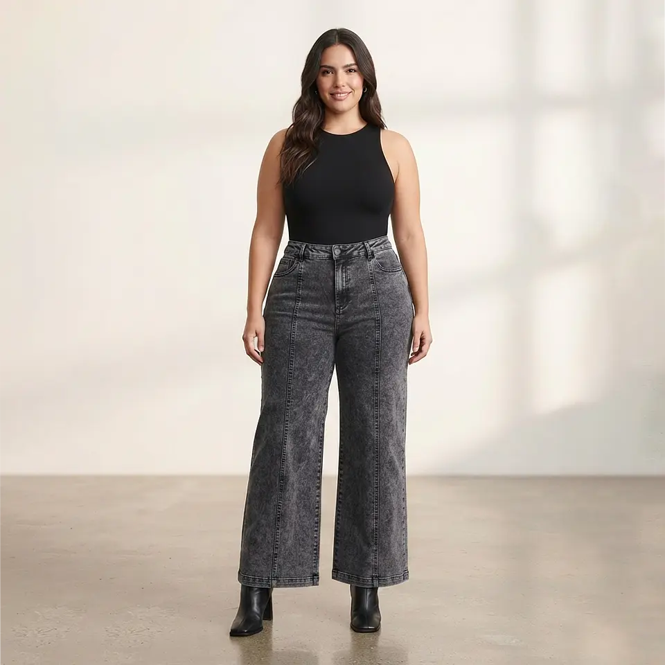 Wide Leg Elasticado Tiro Alto Gris Gráfito Acid Wash Push-Up 1