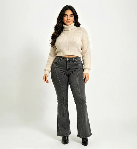 Jeans Flare Mujer Tiro Alto Grafito Costura Frontal