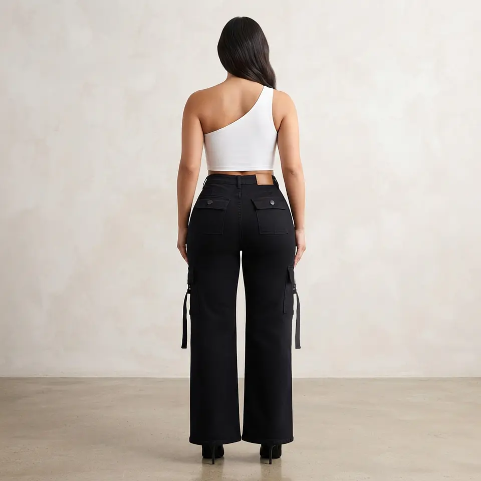 Cargo Negro Tiro Alto Wide Leg Elasticado Con Push-up 2