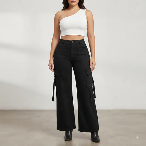 Cargo Negro Tiro Alto Wide Leg Elasticado Con Push-up