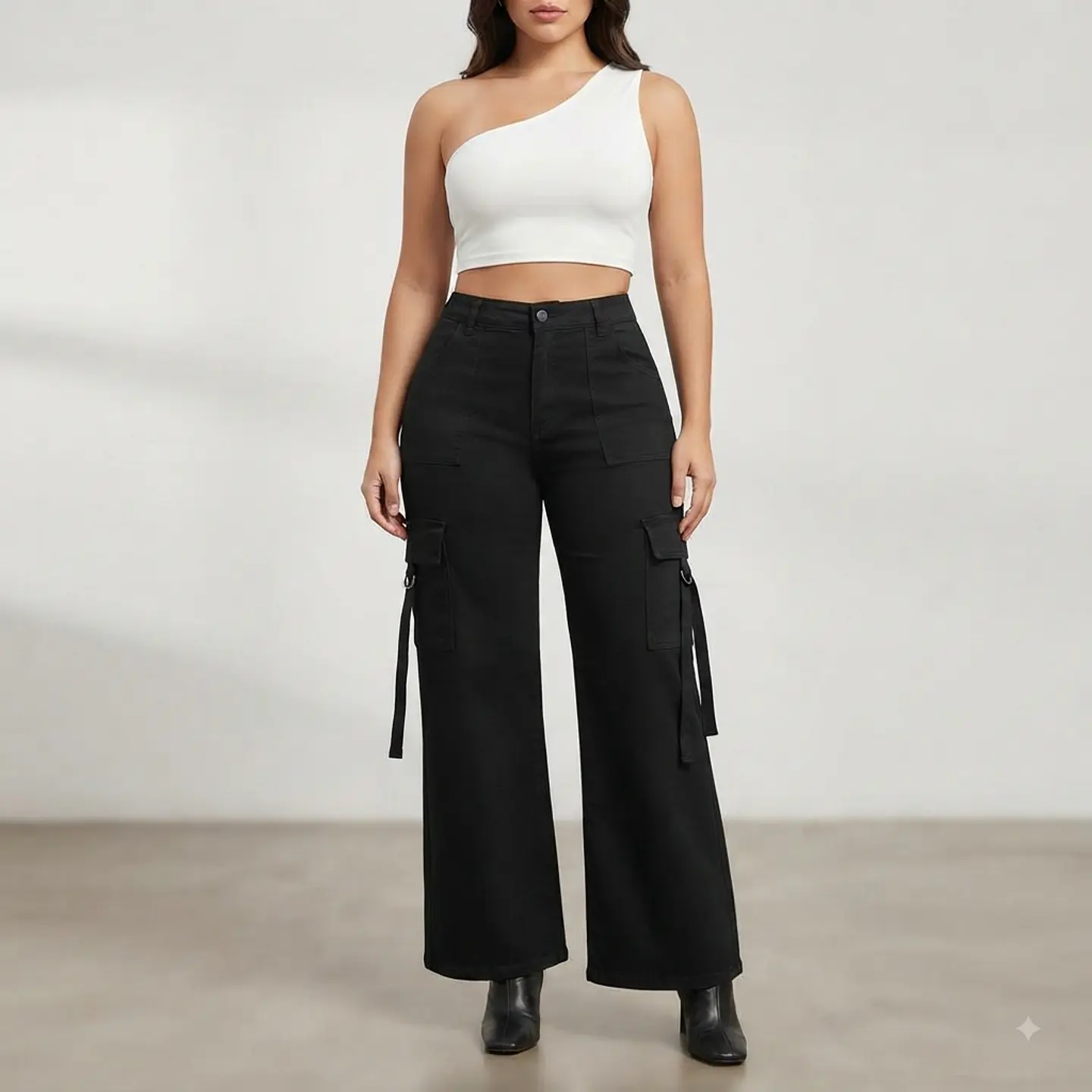 Cargo Negro Tiro Alto Wide Leg Elasticado Con Push-up 1