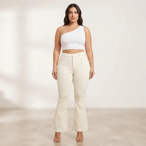 Flare Tiro Alto Blanco Crema Elasticado con Push-Up Linea Frontal