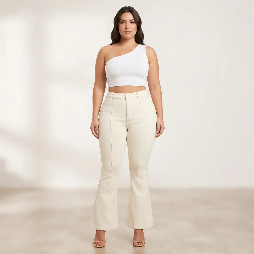 Flare Tiro Alto Blanco Crema Elasticado con Push-Up Linea Frontal 1