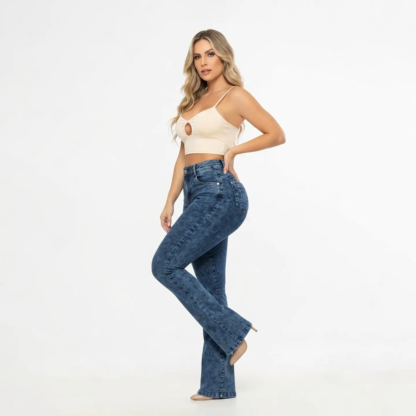Flare Tiro Alto Azul Marino Acid Wash con Push-Up 1
