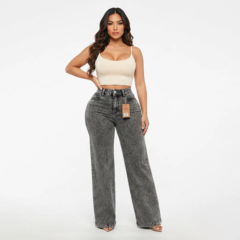 Jeans Wide Leg Tiro Alto Grafito Nevado Bolsillos Cartera