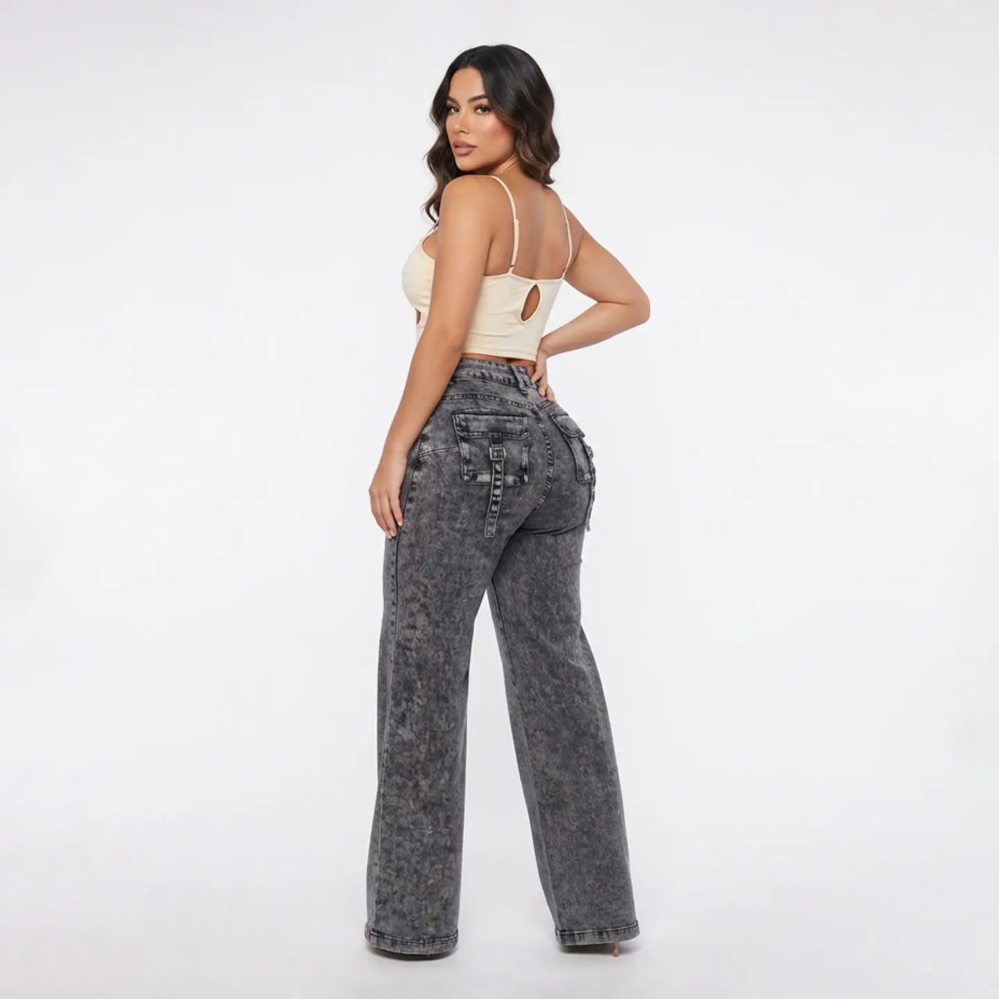 Jeans Wide Leg Tiro Alto Grafito Nevado Bolsillos Cartera 2