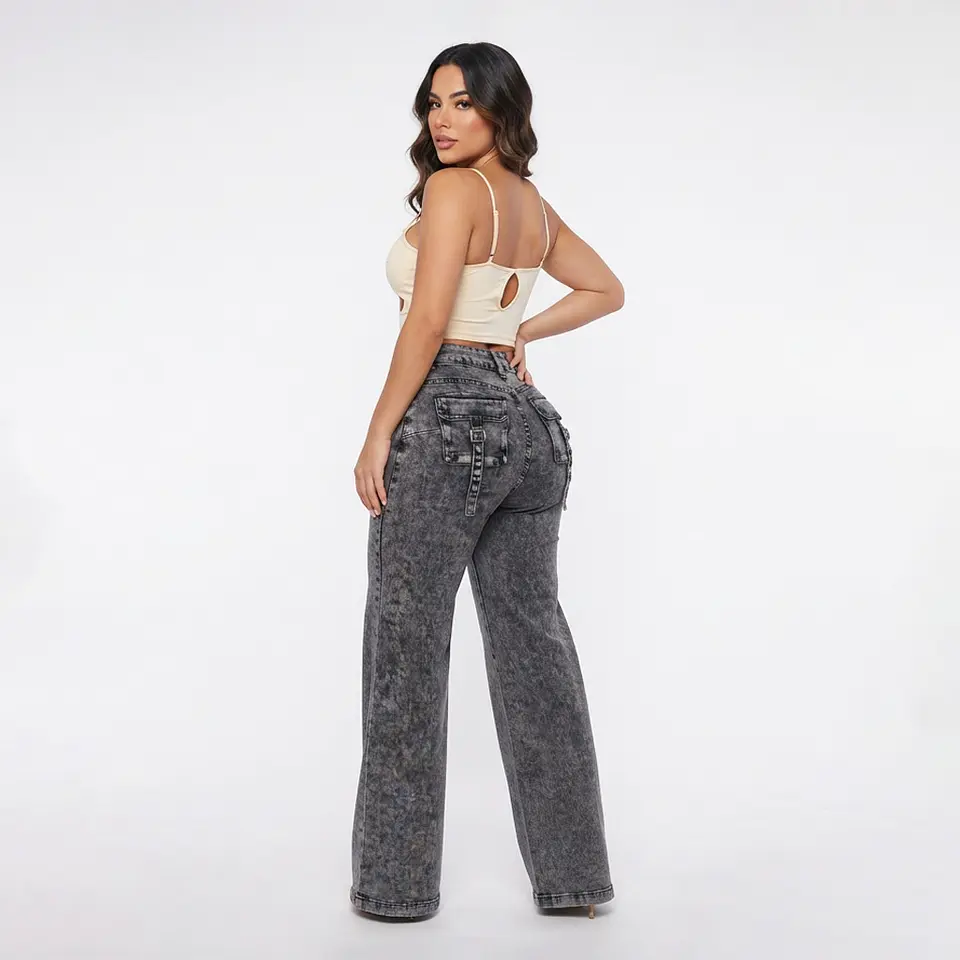 Jeans Wide Leg Tiro Alto Grafito Nevado Bolsillos Cartera 2