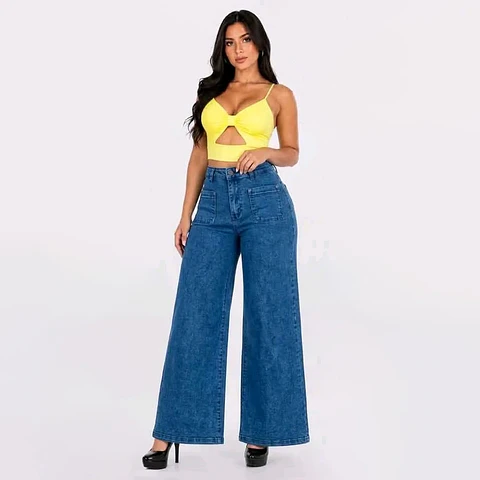Wide Leg Palazo Tiro Alto Azul  Lago Acid Wash 