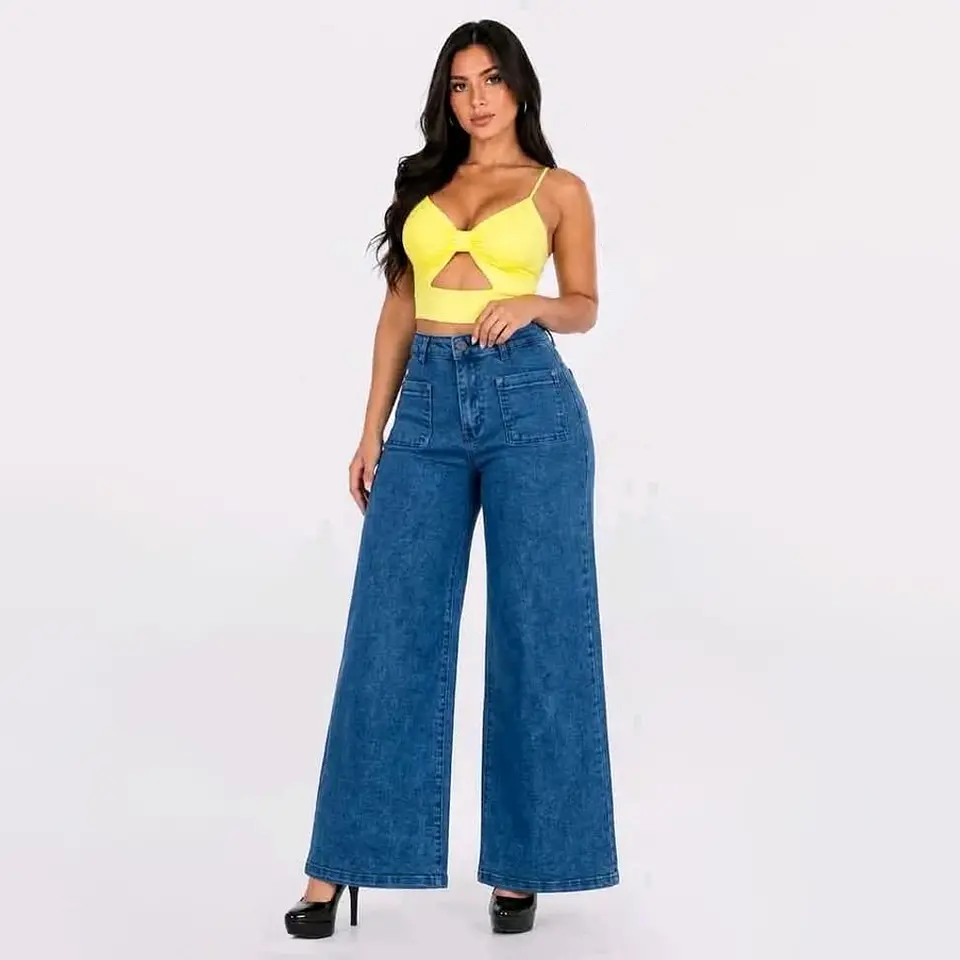 Wide Leg Palazo Tiro Alto Azul  Lago Acid Wash  1
