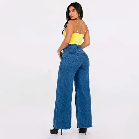 Wide Leg Palazo Tiro Alto Azul  Lago Acid Wash 