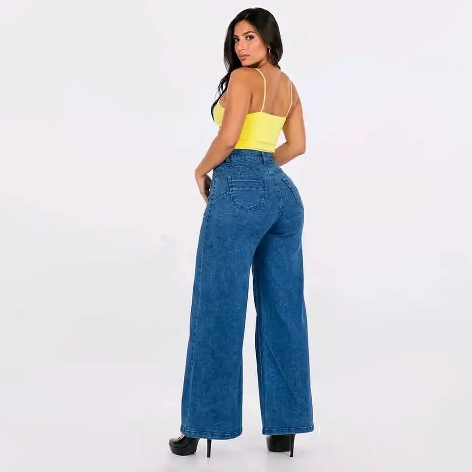 Wide Leg Palazo Tiro Alto Azul  Lago Acid Wash  2