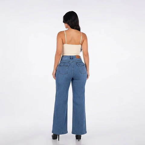 Wide Leg Tiro Alto Azul Clásico Elasticado con Tapitas