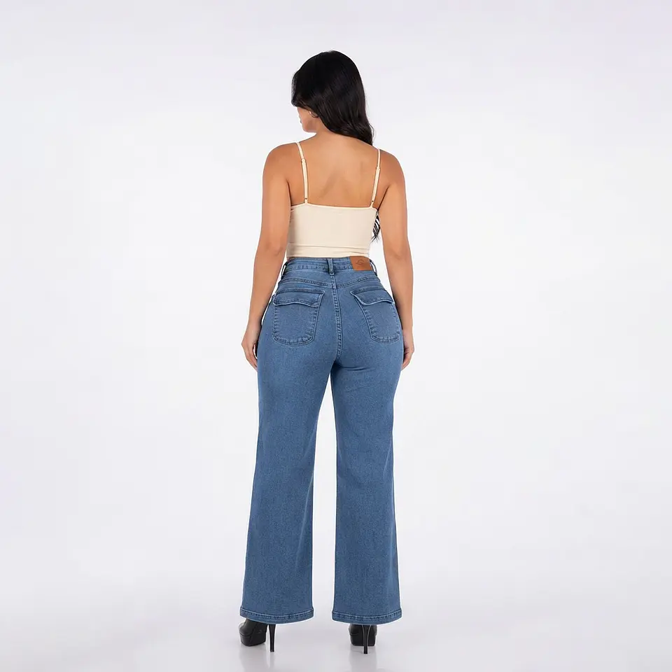 Wide Leg Tiro Alto Azul Clásico Elasticado con Tapitas 2