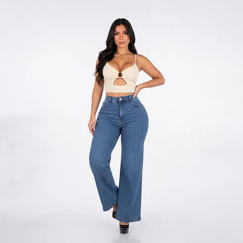Wide Leg Tiro Alto Azul Clásico Elasticado con Tapitas
