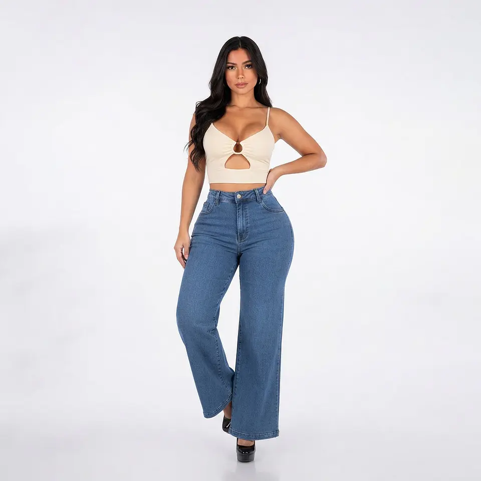 Wide Leg Tiro Alto Azul Clásico Elasticado con Tapitas 1
