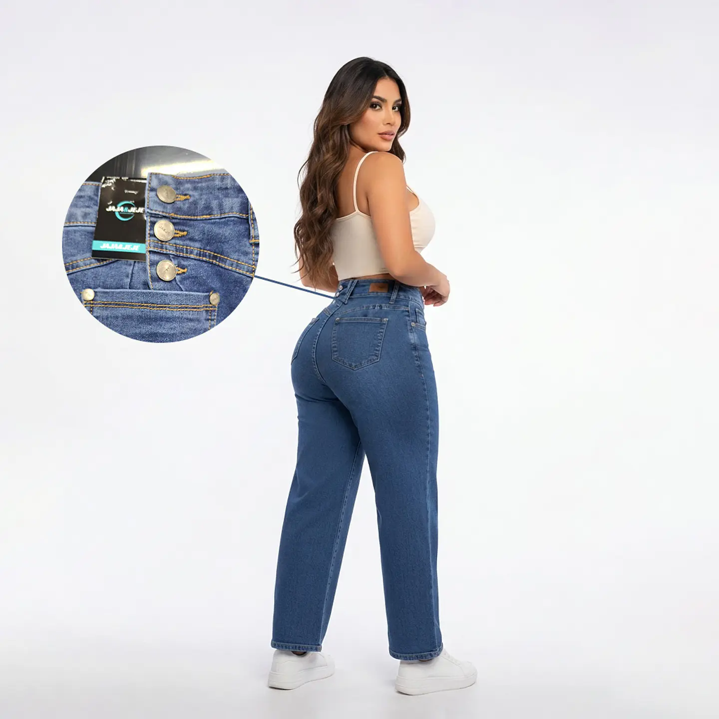 Mom Jean Azul Clásico Lavado Tiro Alto y Push-Up 3 Botones Traseros 2
