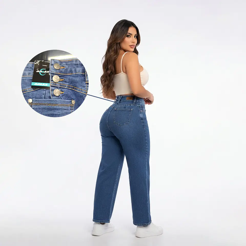 Mom Jean Azul Clásico Lavado Tiro Alto y Push-Up 3 Botones Traseros 2