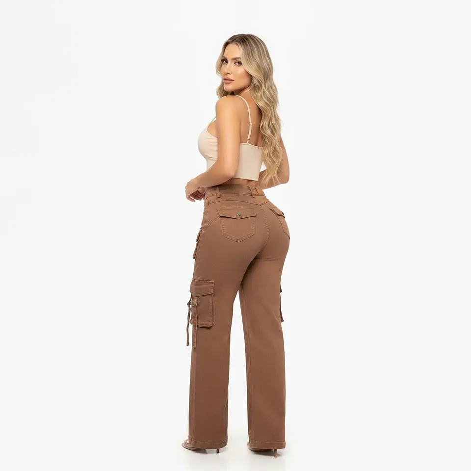 Wide Leg Cargo Tiro Alto Chocolate Elasticado con Push-Up 2