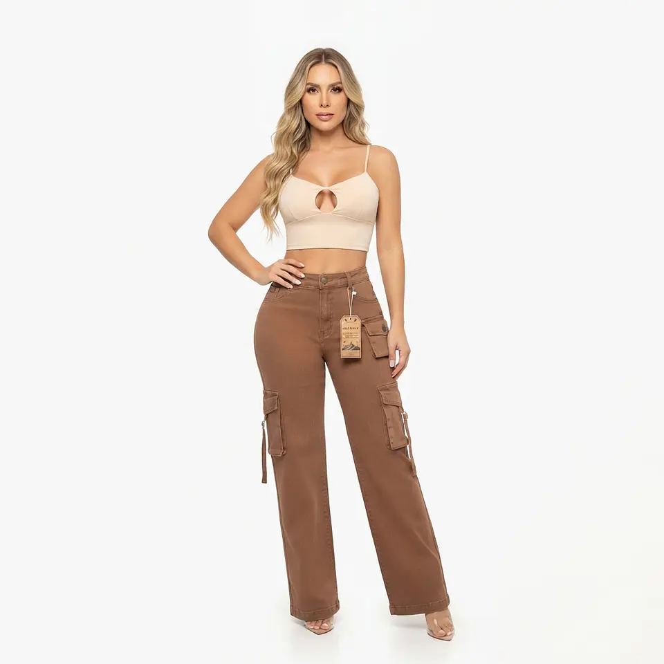 Wide Leg Cargo Tiro Alto Chocolate Elasticado con Push-Up 1