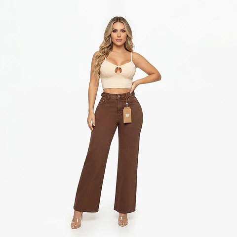 Wide Leg Tiro Alto Chocolate Con Correas Elasticado con Push-Up