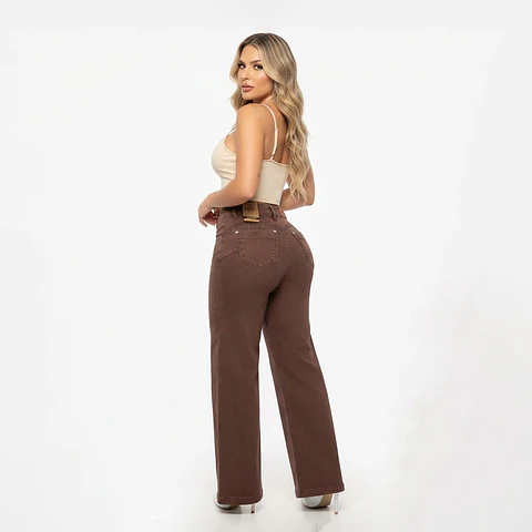 Wide Leg Marrón Con Costuras Verticales Tiro Alto Elasticado Push-Up