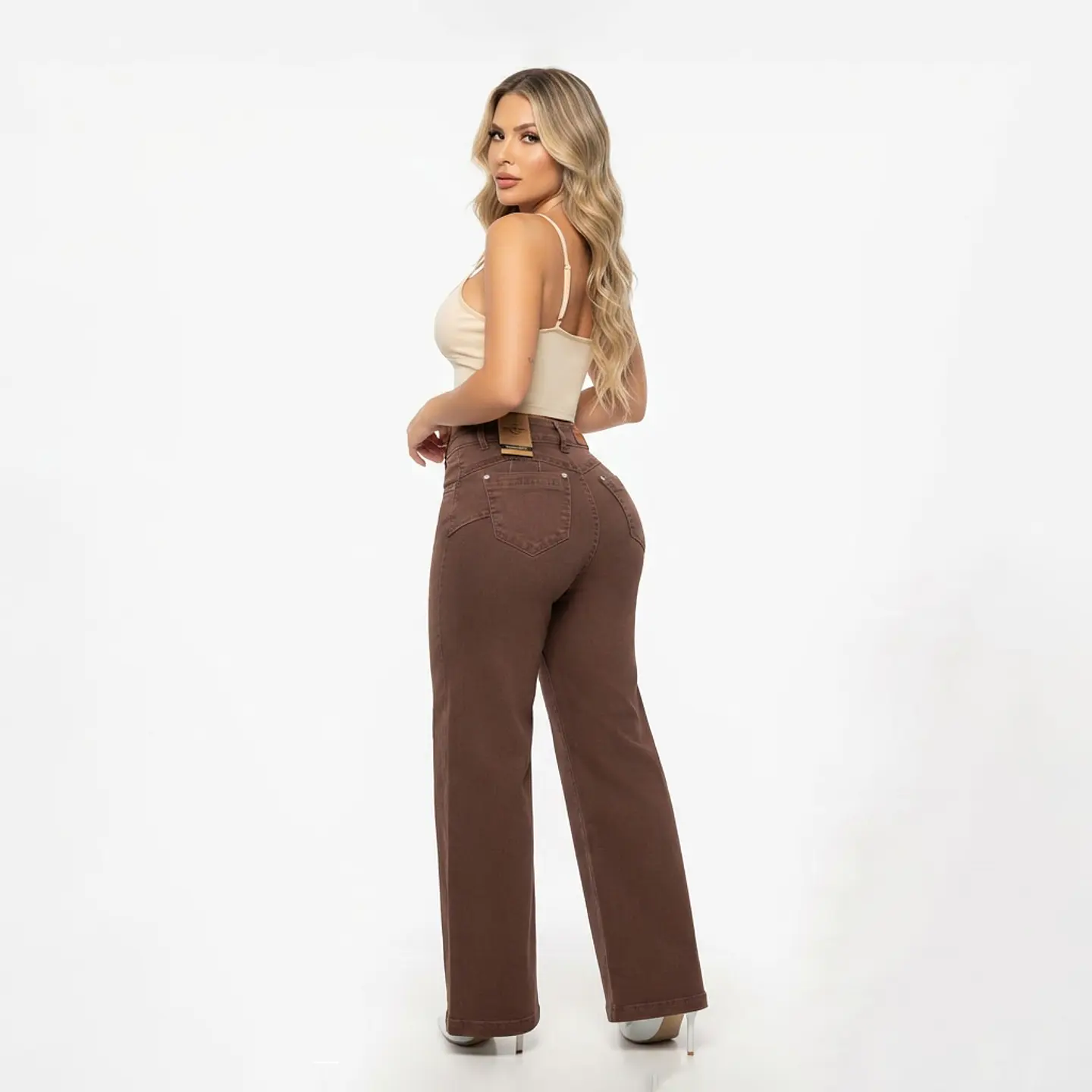 Wide Leg Marrón Con Costuras Verticales Tiro Alto Elasticado Push-Up 1