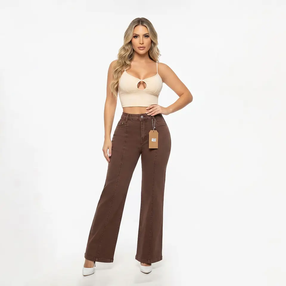 Wide Leg Marrón Con Costuras Verticales Tiro Alto Elasticado Push-Up 2